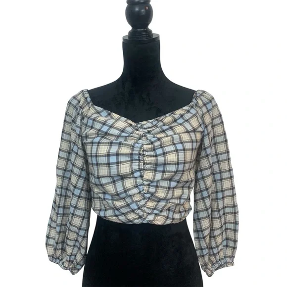 Zara Women's M Blue Cream Plaid Ruched Chic Cottagecore 3/4 Sleeve Blouse - Picture 2 of 10